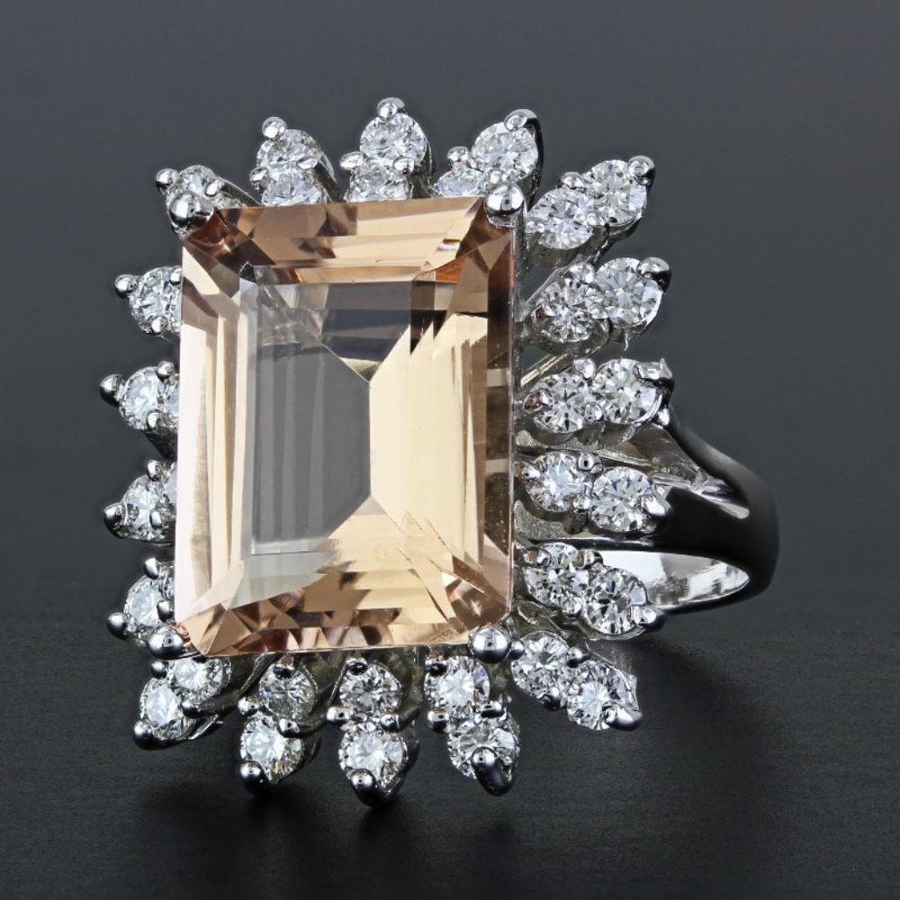 14K White Gold Peach Morganite and Diamond Halo Anniversary / Cocktail Ring